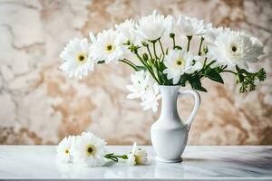 blanco flores en un florero en un mesa. generado por ai foto