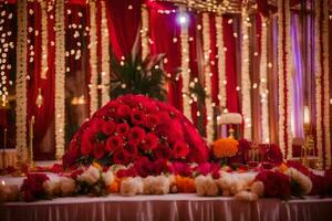 un rojo y naranja Boda recepción mesa con flores generado por ai foto