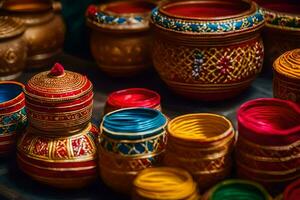 colorful pots and bowls are displayed on a table. AI-Generated photo