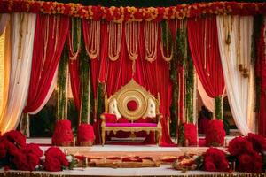 an indian wedding stage decorated with red and gold. AI-Generated photo