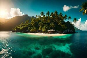 an island with palm trees and a hut on it. AI-Generated photo