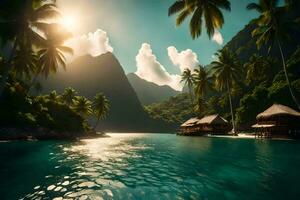 tropical island with palm trees and huts in the water. AI-Generated photo