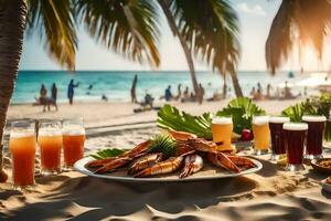 a table with drinks and food on the beach. AI-Generated photo