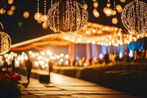 un pasarela con luces y decoraciones a noche. generado por ai foto