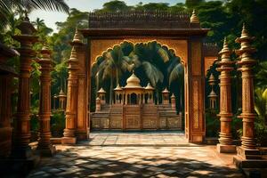 an ornate entrance to a temple in the jungle. AI-Generated photo