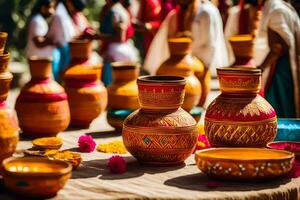 many colorful pots and vases are on display. AI-Generated photo