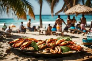 a plate of seafood on the beach with people in the background. AI-Generated photo