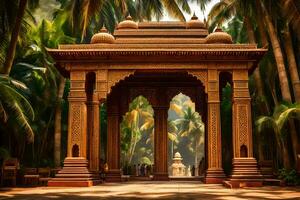 a gazebo surrounded by palm trees in the middle of a tropical forest. AI-Generated photo
