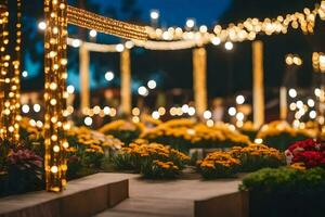 a walkway with lights and flowers in the background. AI-Generated photo