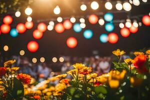 a flower garden with colorful lights. AI-Generated photo