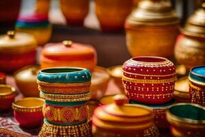 many colorful pots and vases are on display. AI-Generated photo