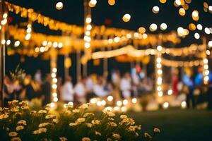 un Boda fiesta es visto en el antecedentes con luces. generado por ai foto