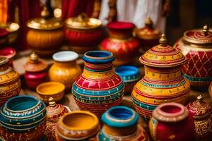 colorful pots and vases are displayed on a table. AI-Generated photo