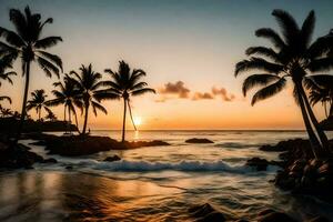 the sun sets over the ocean and palm trees. AI-Generated photo