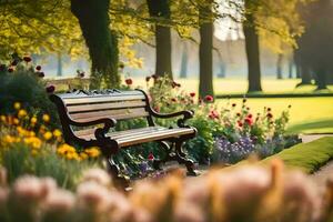 un parque banco en frente de un campo de flores generado por ai foto