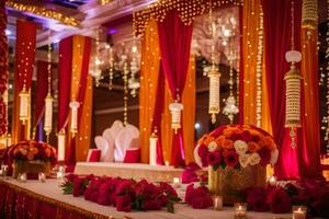 an indian wedding reception with red and orange decor. AI-Generated photo