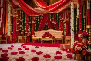 un indio Boda ceremonia con rojo y oro decoraciones generado por ai foto