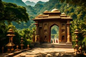 the entrance to a temple in the middle of a jungle. AI-Generated photo