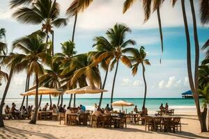 personas sentado a mesas en el playa con palma arboles generado por ai foto