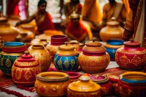 many colorful pots are on display in a room. AI-Generated photo