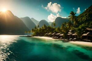 a tropical island with huts and palm trees. AI-Generated photo