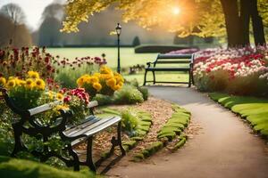 a bench and flowers in a park. AI-Generated photo