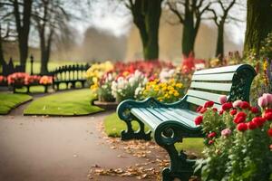 a bench in a park surrounded by flowers. AI-Generated photo