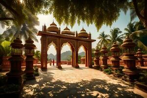 an indian temple with a gate and palm trees. AI-Generated photo