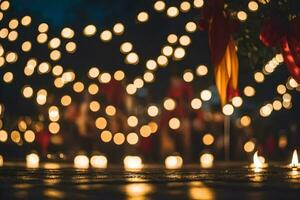 velas son iluminado en el oscuro con luces alrededor a ellos. generado por ai foto