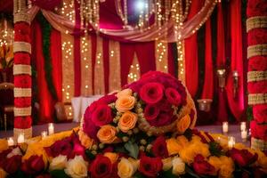 a wedding ceremony with red and yellow flowers. AI-Generated photo