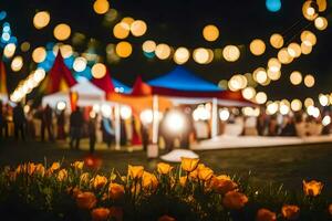 un noche hora ver de un jardín con luces y flores generado por ai foto