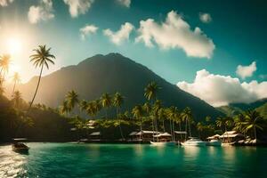 a tropical island with palm trees and boats. AI-Generated photo