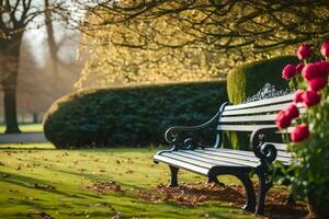 a bench sits in the middle of a park. AI-Generated photo