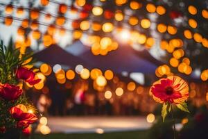 a wedding reception with lights and flowers. AI-Generated photo