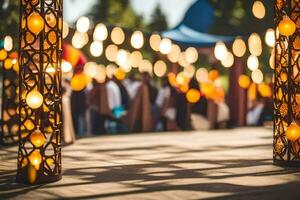 a wooden archway with lights and people in the background. AI-Generated photo