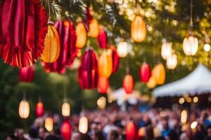 many people are gathered under a tree with paper lanterns. AI-Generated photo