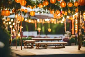 a wooden bench and table under a canopy of orange lanterns. AI-Generated photo