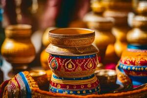 colorful wooden bowls and vases on display. AI-Generated photo