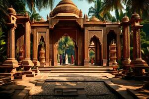 a beautiful temple in india with people walking around. AI-Generated photo