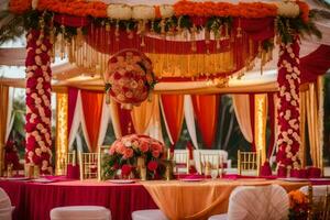 an outdoor wedding reception with orange and red decor. AI-Generated photo