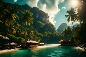 photo wallpaper the sky, water, beach, palm trees, mountains, sun, clouds, water. AI-Generated