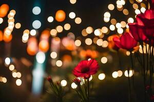 red flowers in the dark with lights in the background. AI-Generated photo