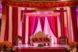 a wedding stage decorated with red and pink flowers. AI-Generated photo