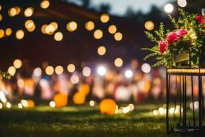 a flower arrangement on a table in front of a lit up outdoor wedding. AI-Generated photo