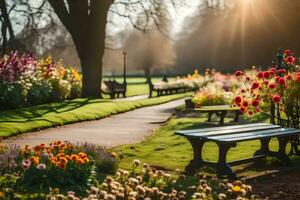 a bench in a park with flowers and trees. AI-Generated photo