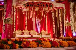 an indian wedding stage decorated with red and orange flowers. AI-Generated photo