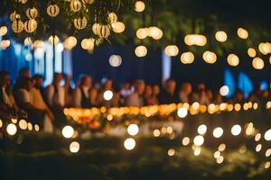 a group of people sitting at a table with lights. AI-Generated photo