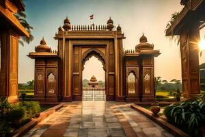 el dorado portón de el real palacio en India. generado por ai foto