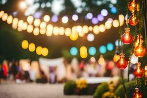 a group of people are standing around a garden with colorful lights. AI-Generated photo