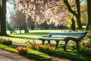 a park bench is surrounded by flowers. AI-Generated photo